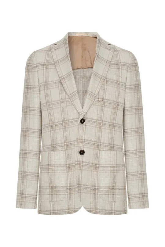 Hemington - İpek-Yün Karışım Ekose Desen Krem Rengi Blazer Ceket (7)