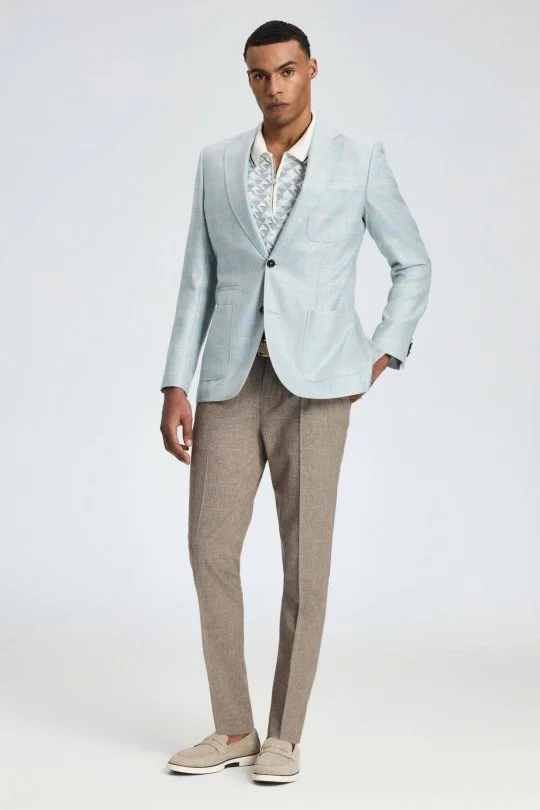 Hemington - İpek-Yün Karışım Ekose Desen Orta Mavi Blazer Ceket (2)
