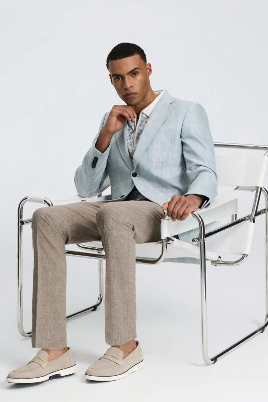 Hemington - İpek-Yün Karışım Ekose Desen Orta Mavi Blazer Ceket (6)