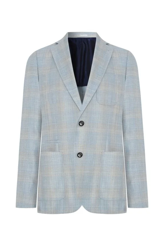 Hemington - İpek-Yün Karışım Ekose Desen Orta Mavi Blazer Ceket (8)
