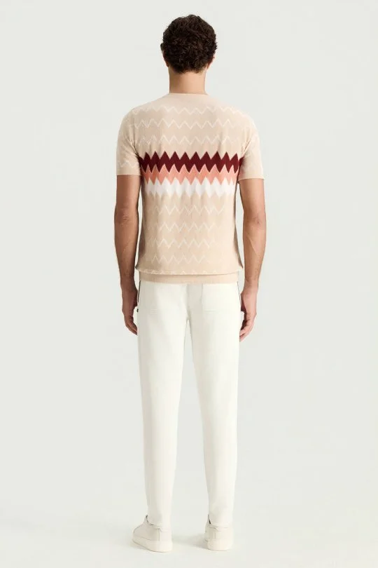 İtalyan İplik Zigzag Desen Bej Triko T-Shirt
