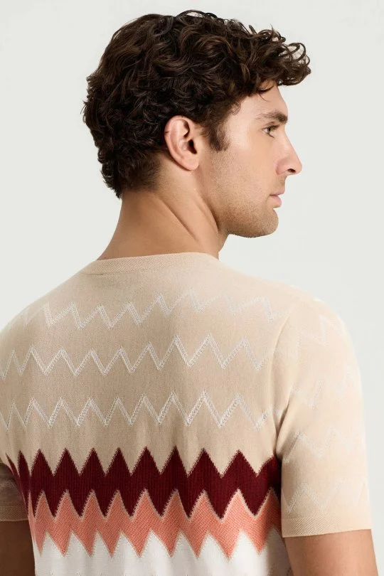 İtalyan İplik Zigzag Desen Bej Triko T-Shirt