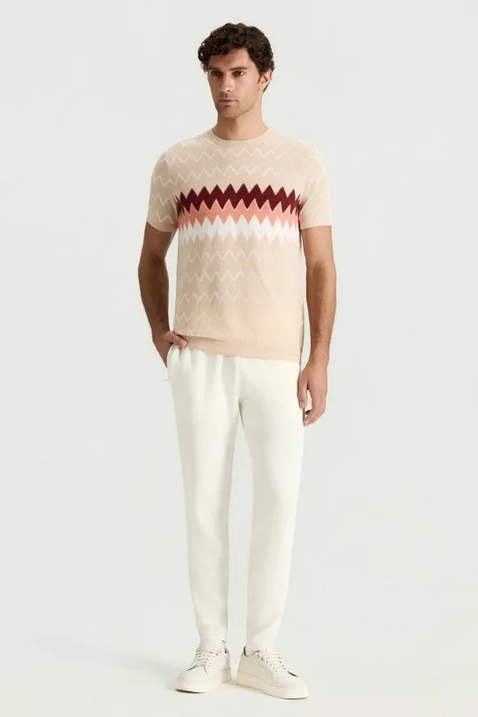 İtalyan İplik Zigzag Desen Bej Triko T-Shirt