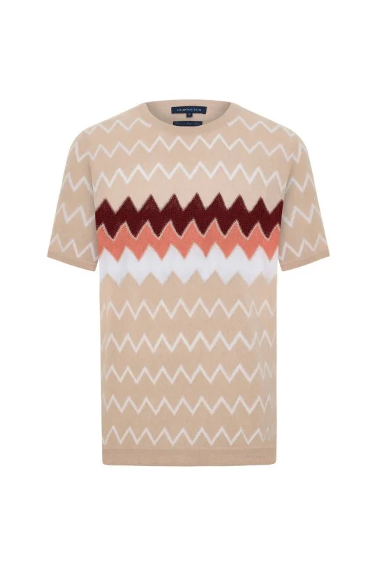 İtalyan İplik Zigzag Desen Bej Triko T-Shirt