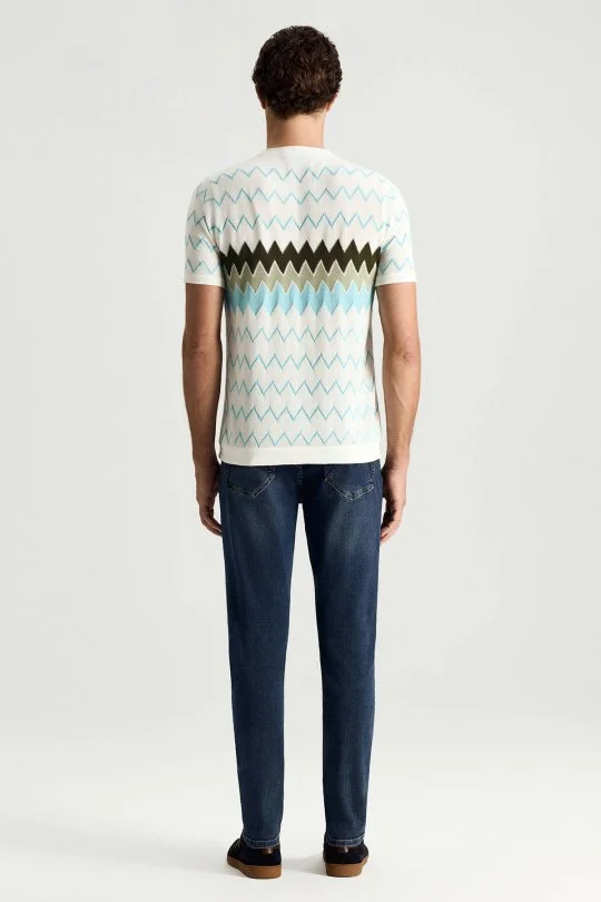 İtalyan İplik Zigzag Desen Beyaz Triko T-Shirt