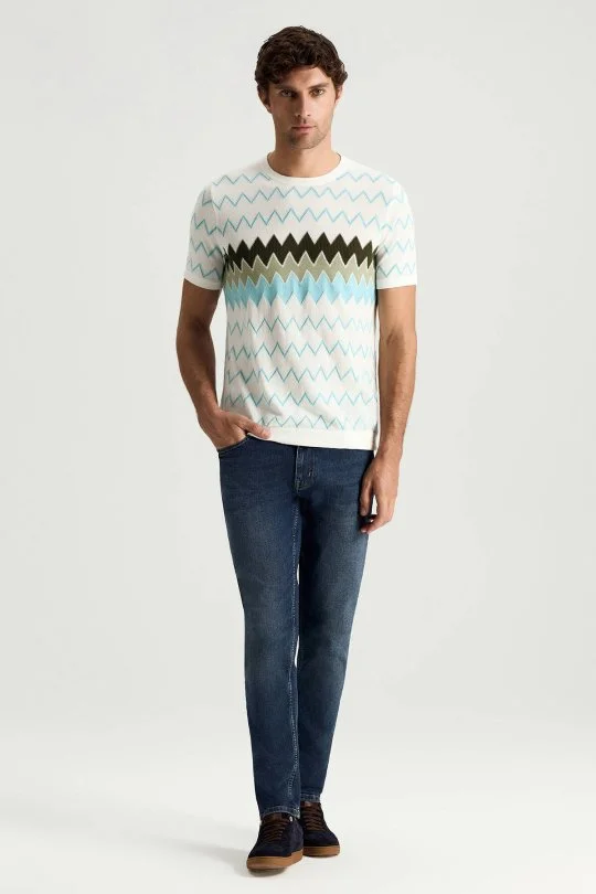 İtalyan İplik Zigzag Desen Beyaz Triko T-Shirt