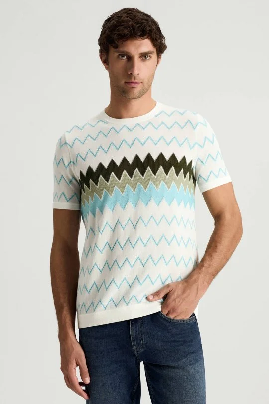 İtalyan İplik Zigzag Desen Beyaz Triko T-Shirt