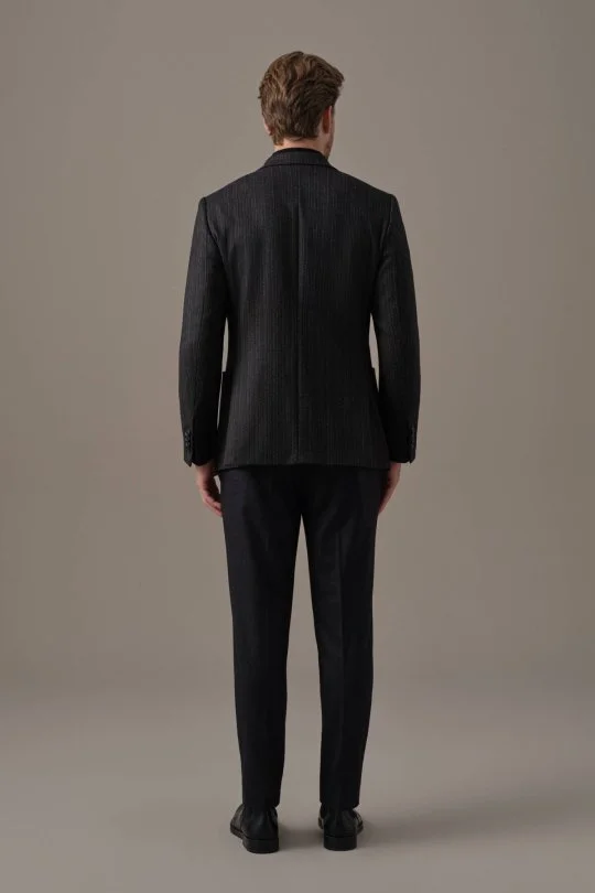 İtalyan Kaşmir Yün Balıksırtı Desen Siyah Blazer Ceket