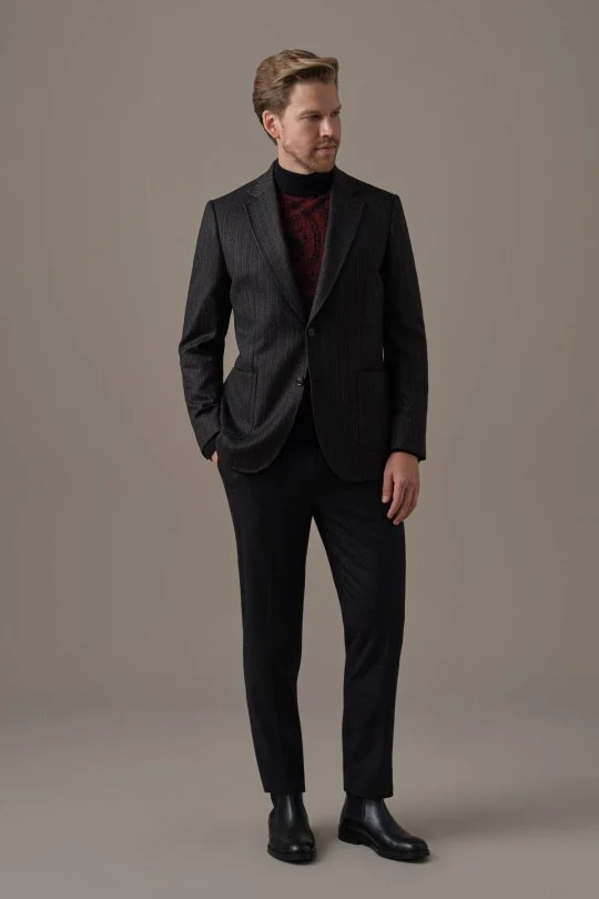 İtalyan Kaşmir Yün Balıksırtı Desen Siyah Blazer Ceket