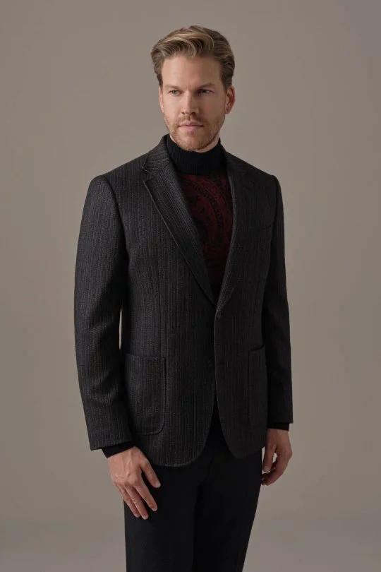 İtalyan Kaşmir Yün Balıksırtı Desen Siyah Blazer Ceket