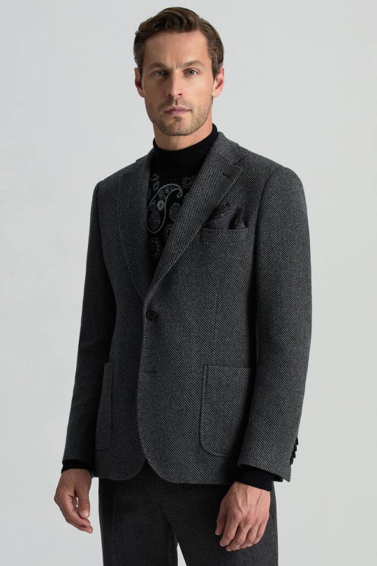 İtalyan Kaşmir Yün Karışım Siyah Blazer Ceket