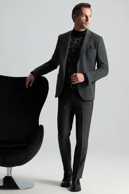 İtalyan Kaşmir Yün Karışım Siyah Blazer Ceket