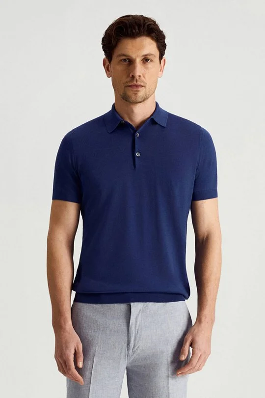 Hemington - İtalyan Merino Yün Basic Mavi Triko Polo (1)