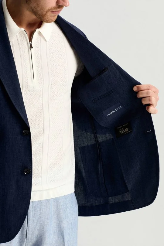 İtalyan Saf Keten Lacivert Blazer Ceket