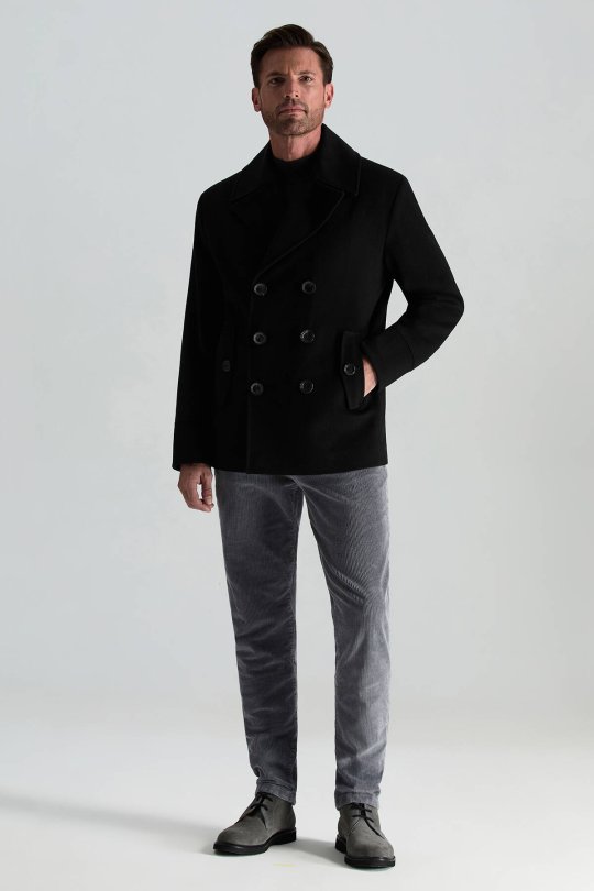 İtalyan Saf Yün Düğme Cepli Siyah Palto