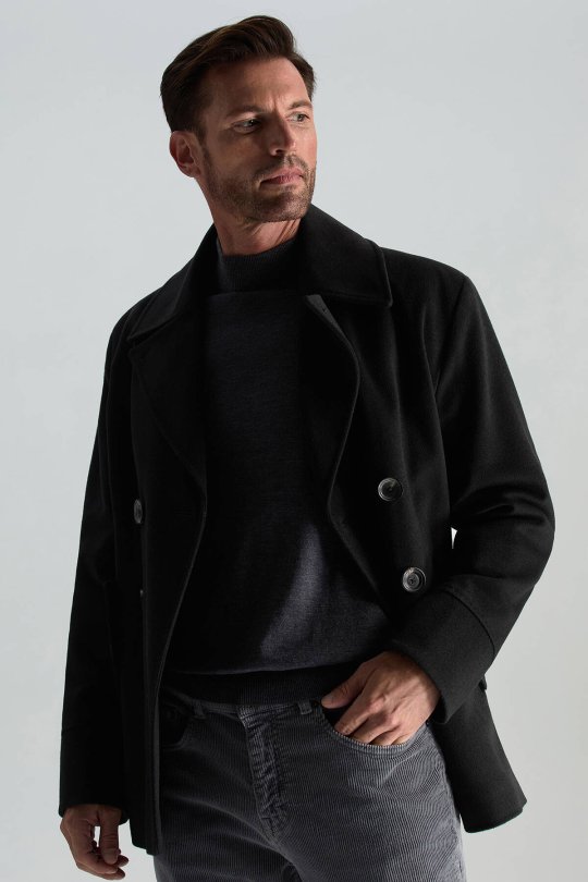 İtalyan Saf Yün Düğme Cepli Siyah Palto