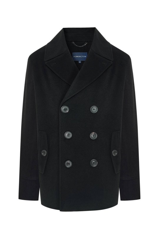 İtalyan Saf Yün Düğme Cepli Siyah Palto