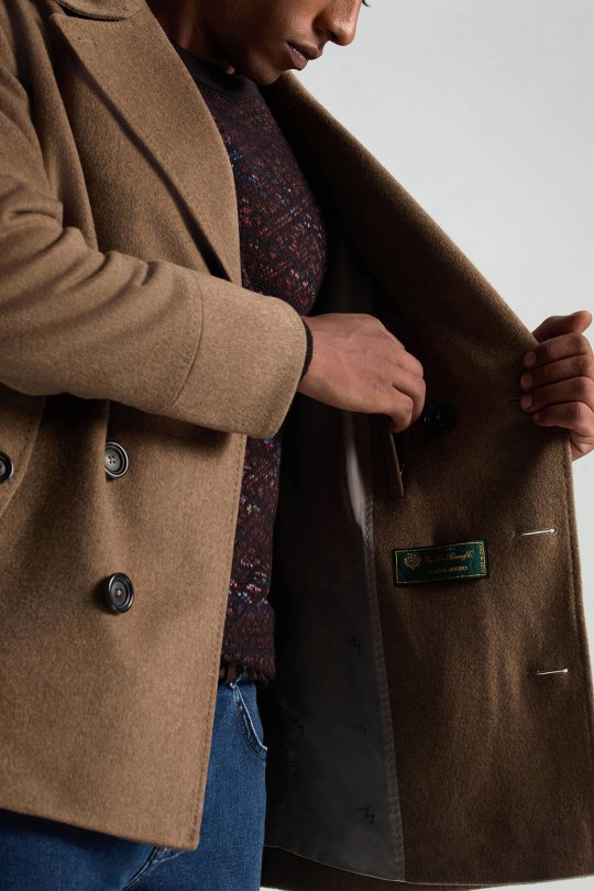 İtalyan Saf Yün Düğme Cepli Tütün Rengi Palto