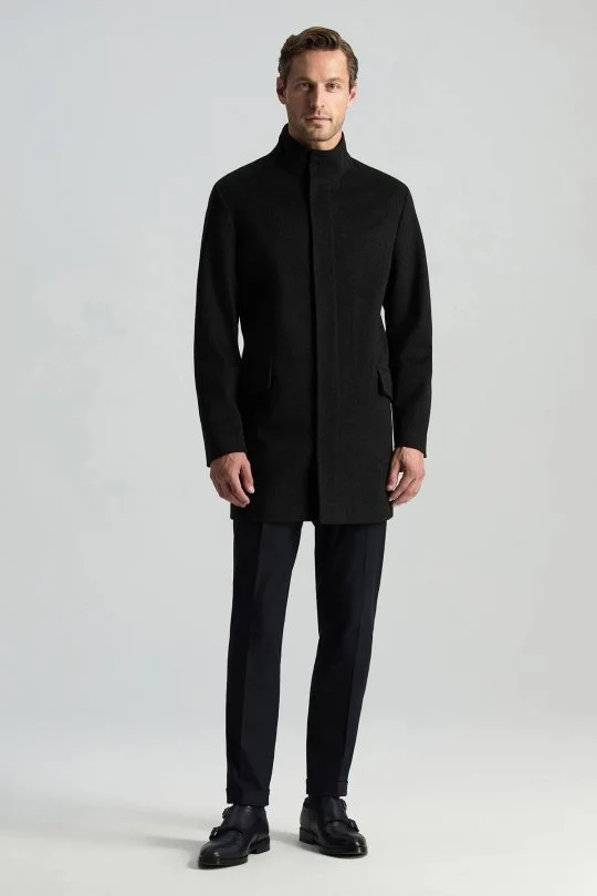 Hemington - İtalyan Saf Yün Fermuar Detaylı Antrasit Palto (1)