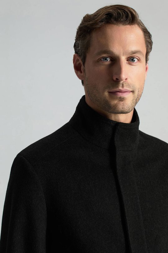 İtalyan Saf Yün Fermuar Detaylı Antrasit Palto