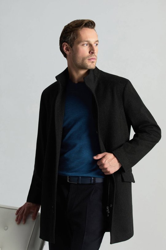 İtalyan Saf Yün Fermuar Detaylı Antrasit Palto