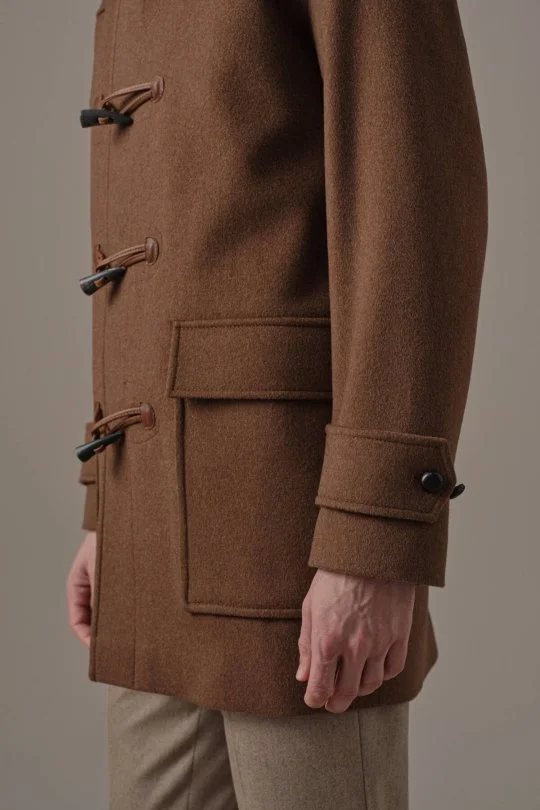 İtalyan Saf Yün Fildişi Düğme Detay Kahverengi Duffle Kaban