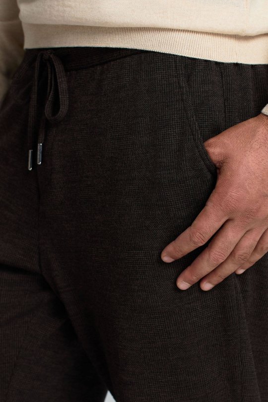 İtalyan Yün Bağcık Detaylı Kahverengi Relax Pantolon
