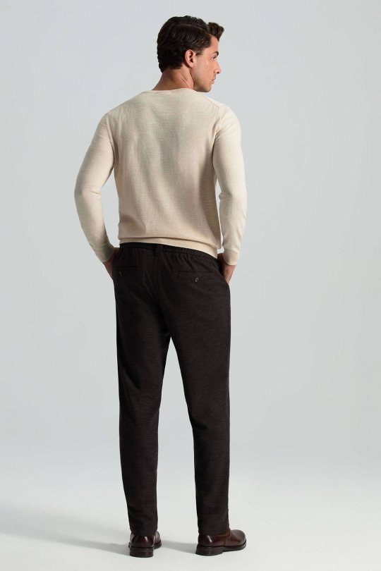 İtalyan Yün Bağcık Detaylı Kahverengi Relax Pantolon