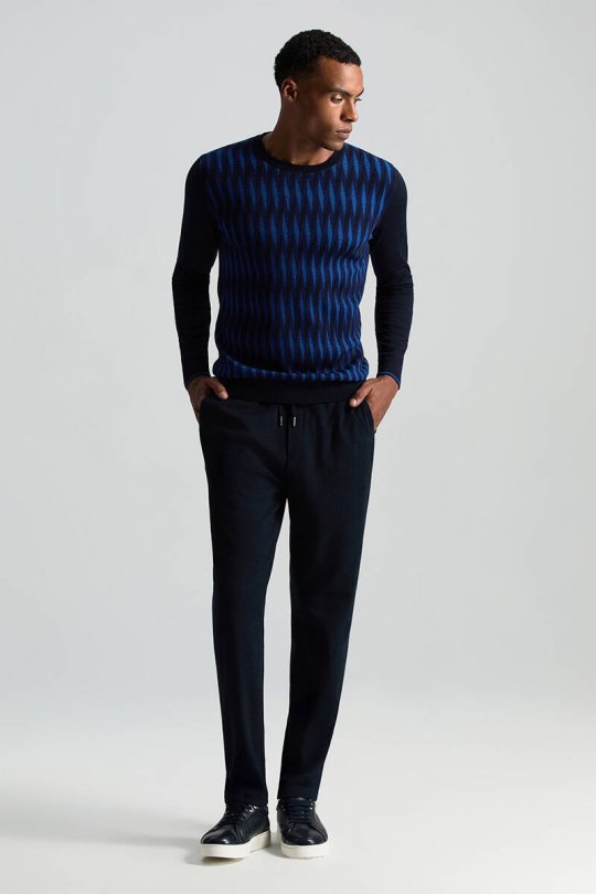 İtalyan Yün Bağcık Detaylı Lacivert Relax Pantolon