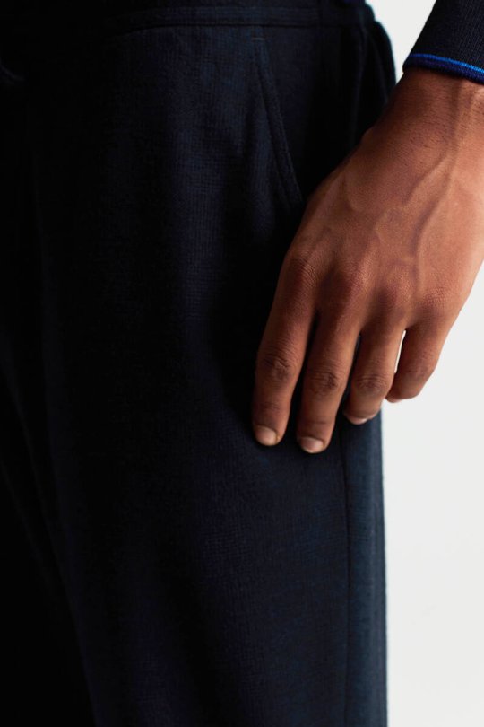 İtalyan Yün Bağcık Detaylı Lacivert Relax Pantolon