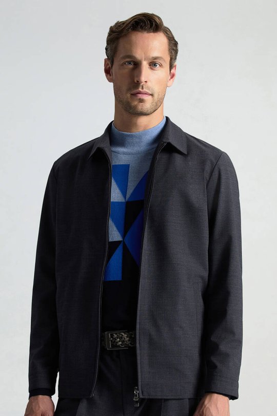 İtalyan Yün Karışım Fermuar Detaylı Koyu Mavi Spor Ceket