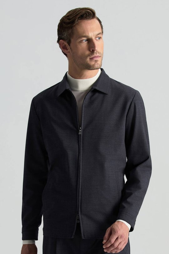 İtalyan Yün Karışım Fermuar Detaylı Koyu Mavi Spor Ceket