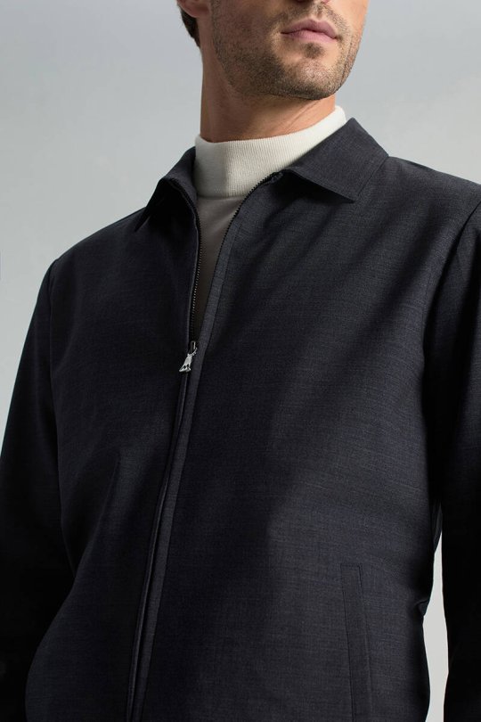 İtalyan Yün Karışım Fermuar Detaylı Koyu Mavi Spor Ceket