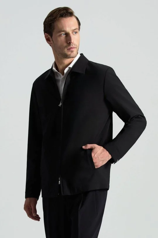 Hemington - İtalyan Yün Karışım Fermuar Detaylı Siyah Spor Ceket