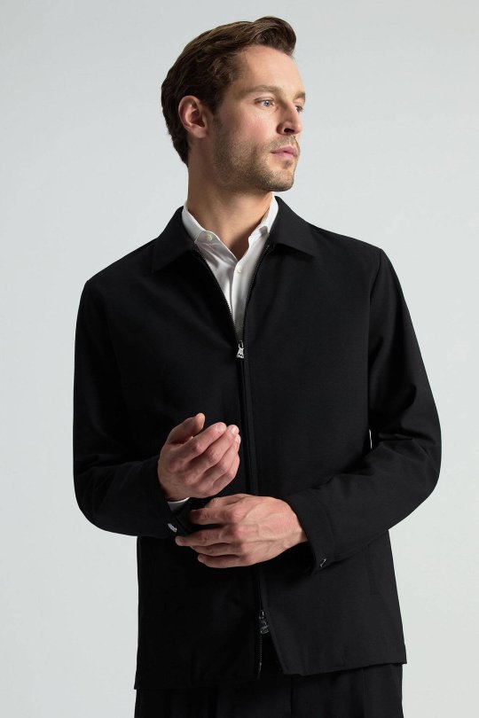 İtalyan Yün Karışım Fermuar Detaylı Siyah Spor Ceket