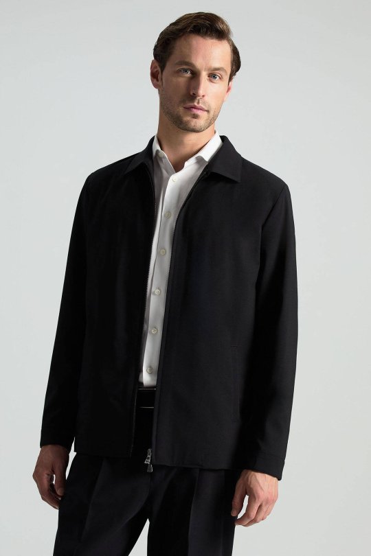 İtalyan Yün Karışım Fermuar Detaylı Siyah Spor Ceket