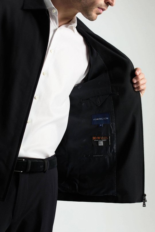 İtalyan Yün Karışım Fermuar Detaylı Siyah Spor Ceket