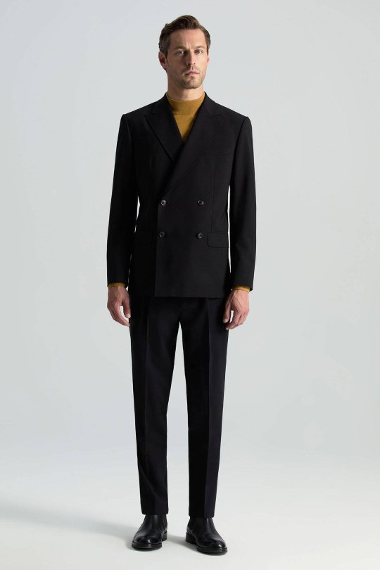 İtalyan Yün Karışımlı Siyah Kruvaze Blazer Ceket