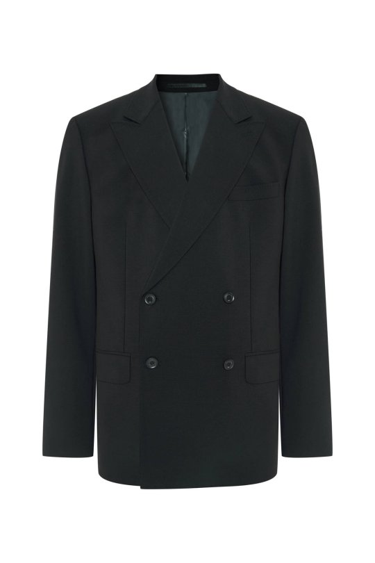 İtalyan Yün Karışımlı Siyah Kruvaze Blazer Ceket