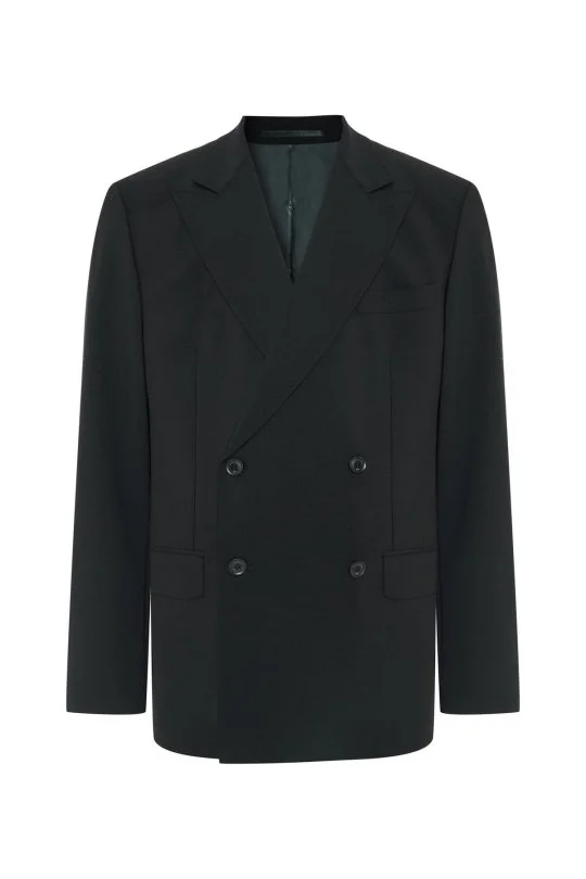 Hemington - İtalyan Yün Karışımlı Siyah Kruvaze Blazer Ceket (6)
