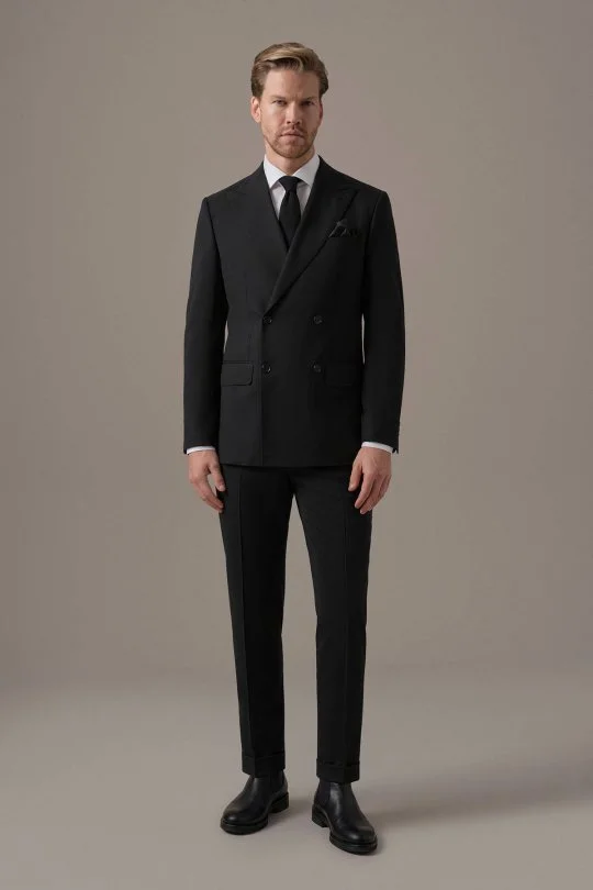 İtalyan Yün Karışımlı Siyah Kruvaze Blazer Ceket
