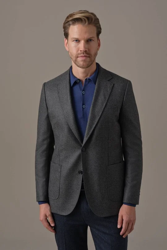 Hemington - İtalyan Yün Kaşmir Karışım Gri Blazer Ceket (1)