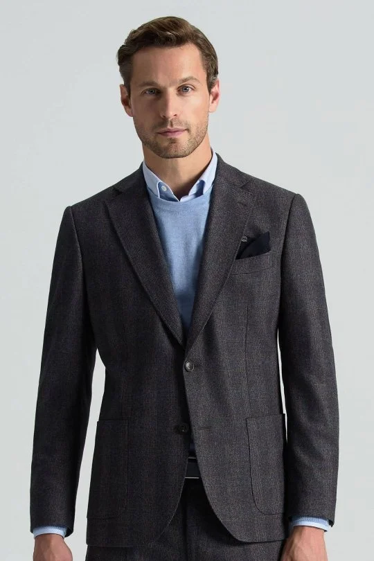 Hemington - İtalyan Yün Kaşmir Karışım Ekose Desen Antrasit Blazer Ceket