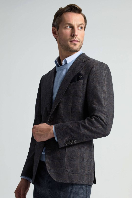 İtalyan Yün Kaşmir Karışım Ekose Desen Antrasit Blazer Ceket