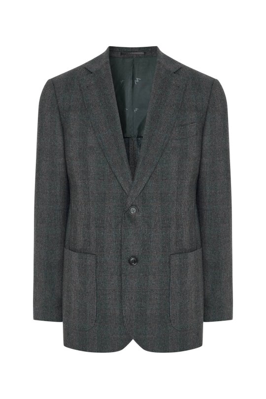 İtalyan Yün Kaşmir Karışım Ekose Desen Antrasit Blazer Ceket