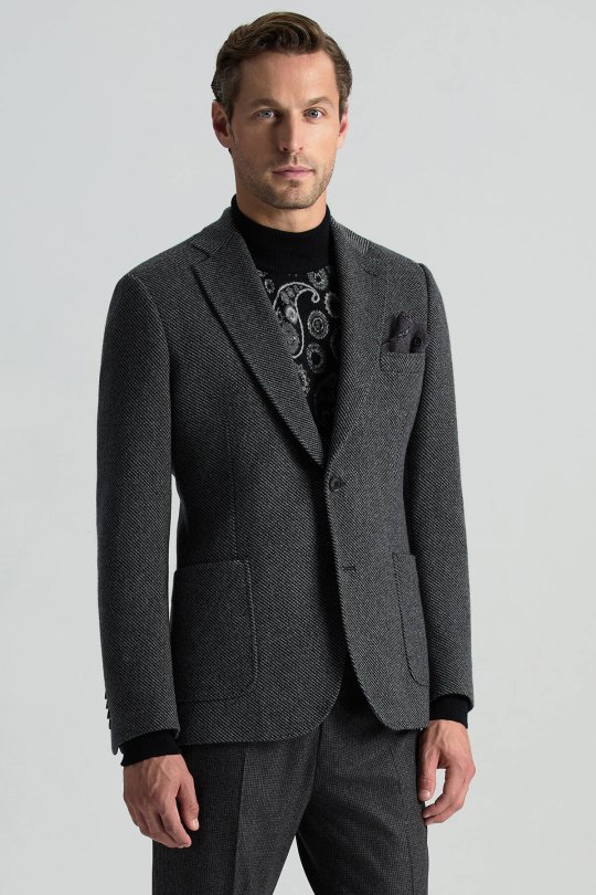 İtalyan Yün Kaşmir Karışım Siyah Blazer Ceket