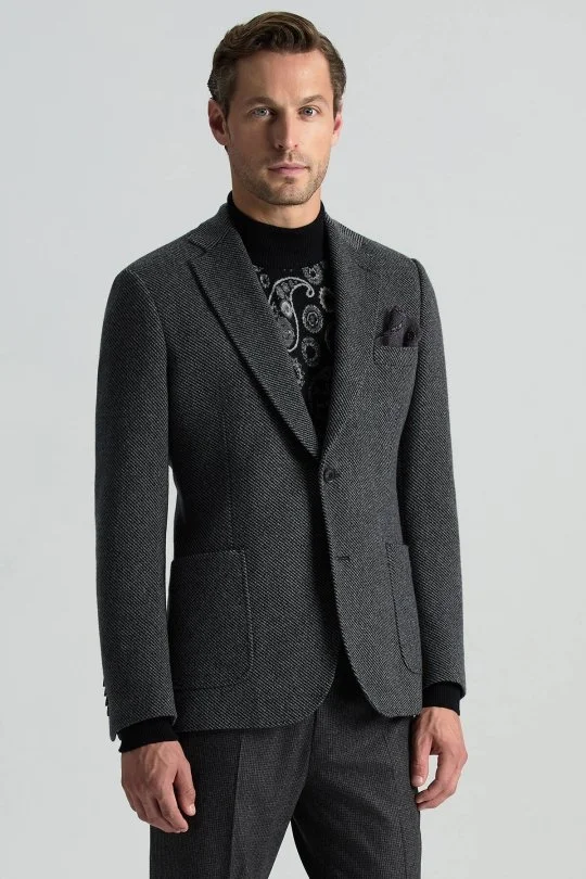 Hemington - İtalyan Yün Kaşmir Karışım Siyah Blazer Ceket
