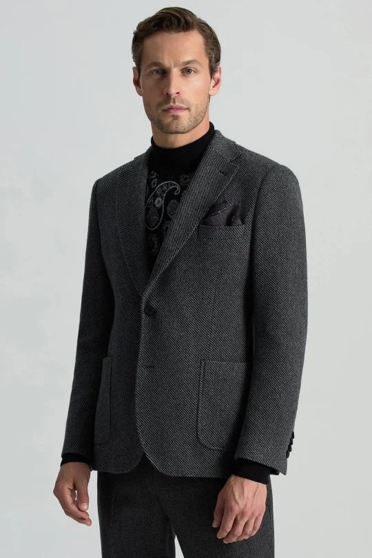 Hemington - İtalyan Yün Kaşmir Karışım Siyah Blazer Ceket (1)