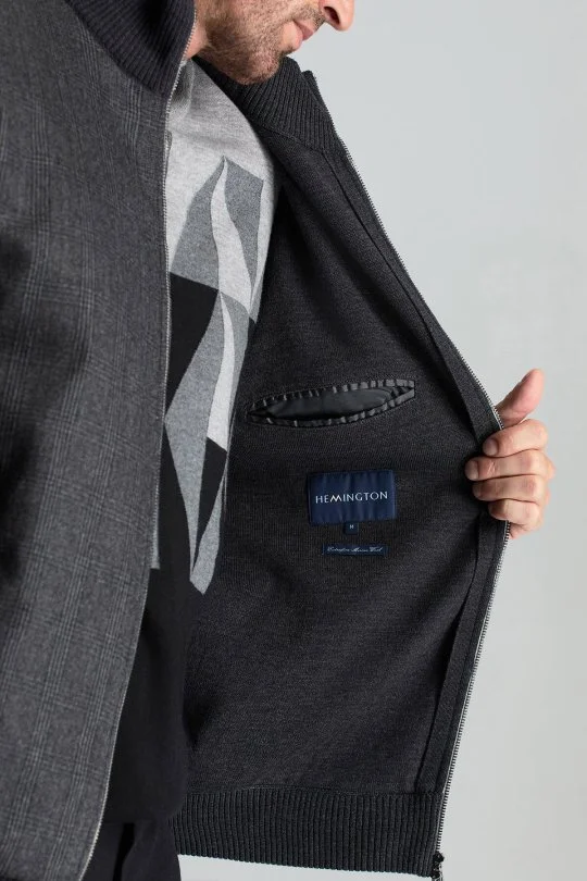 Hemington - İtalyan Yün Kumaş Ekose Desen Antrasit Tailored Triko Ceket (5)