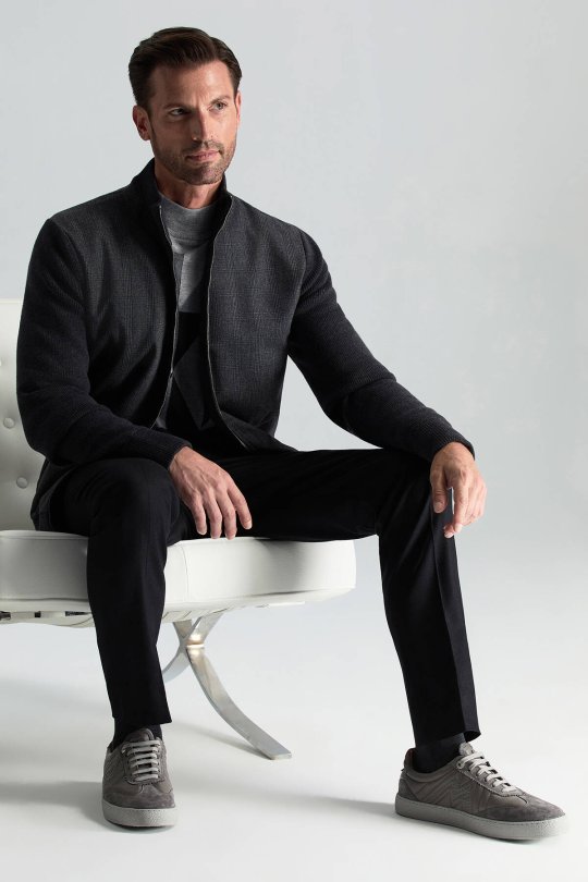 İtalyan Yün Kumaş Ekose Desen Antrasit Tailored Triko Ceket